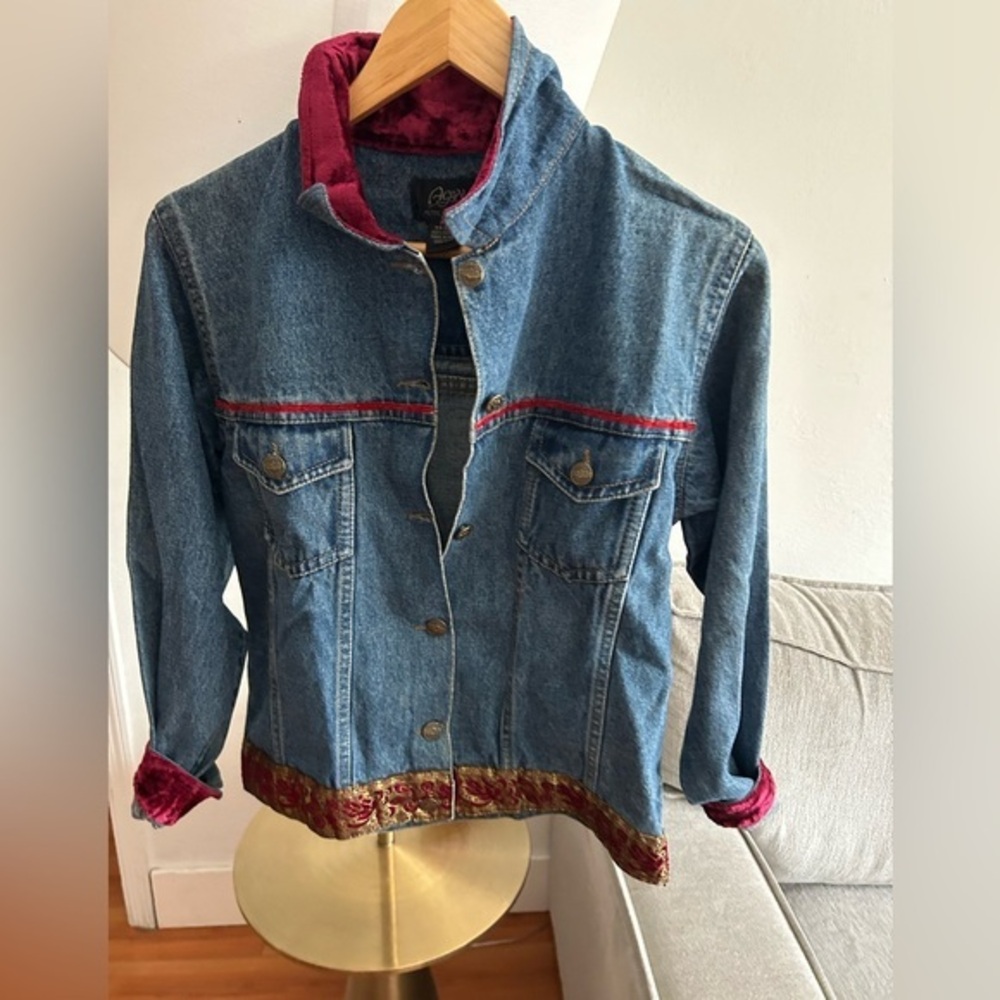 Vtg Y2K Denim Jacket SP Velvet Boho Western